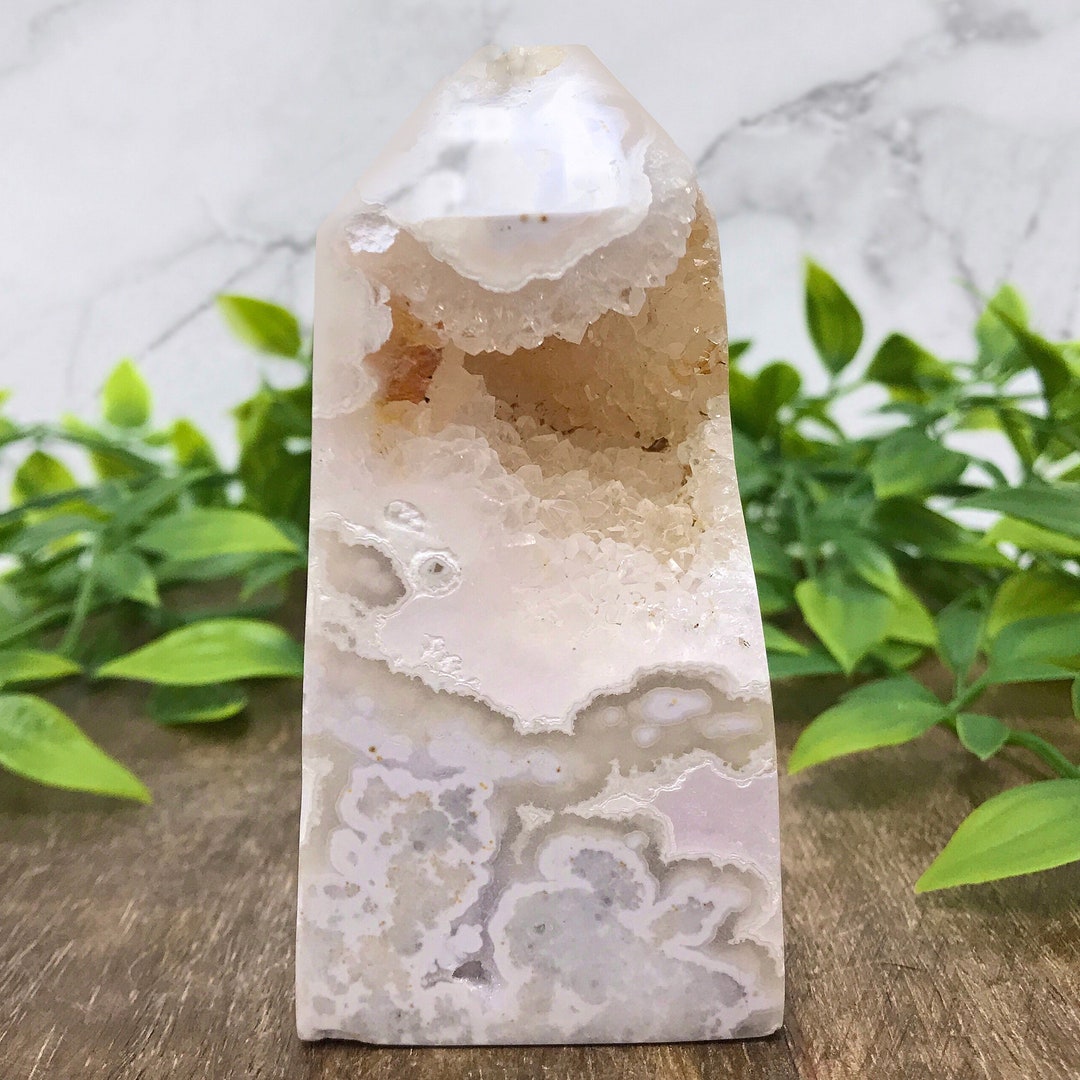Self Standing Polished White Plume Agate Crystal Tower Point Etsy