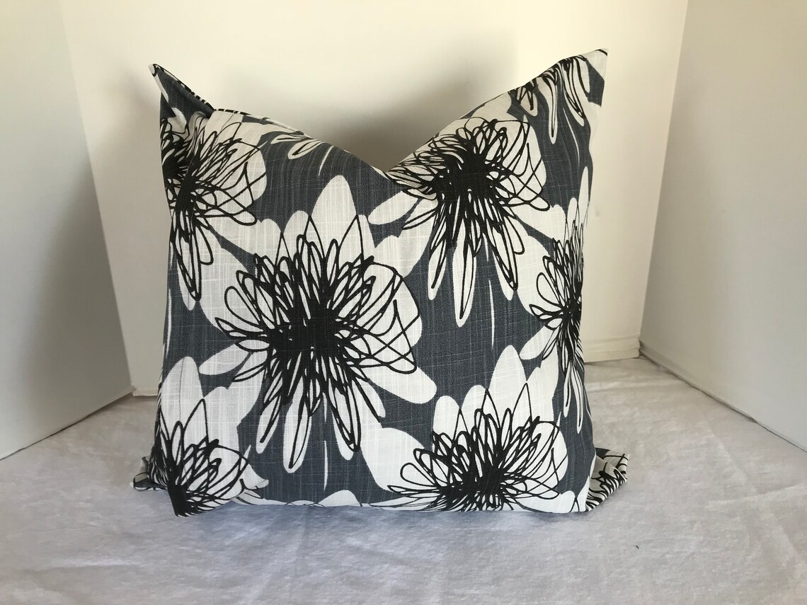 Pillow Cover Gray White Black Abstract Floral Decorator Fabric | Etsy
