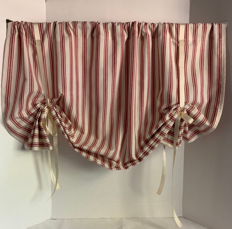 Tie up Valance in Red and Offwhite Homespun Fabric Adjustable Etsy