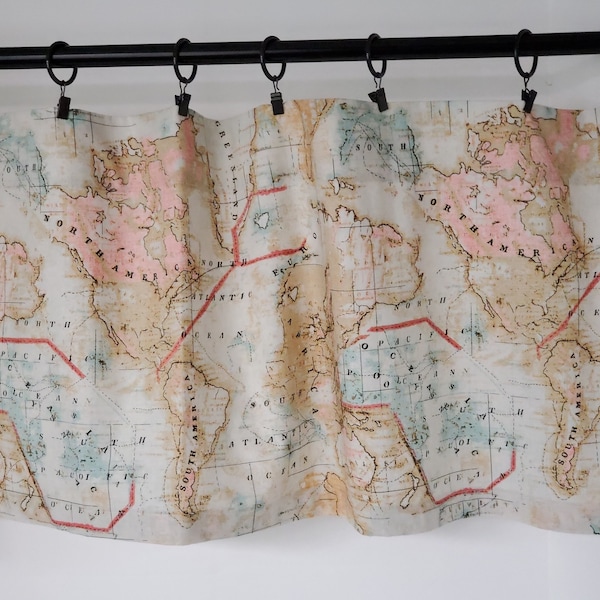 Valance Maps in Muted Tones Coral Teal Window Treatment Cotton Fabric Cream Background 42"W x 14L