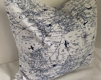 Fodera per cuscino blu navy e crema con mappa dei viaggi aerei, SCEGLI LA MISURA, Decorazione in stile rustico