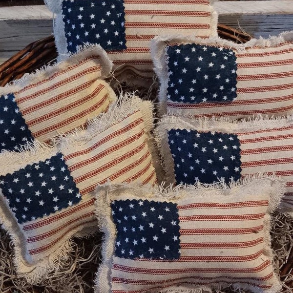 Handmade Ticking Fabric U.S. Flag Pillows, Patriotic Bowl Filler (Set of 6)