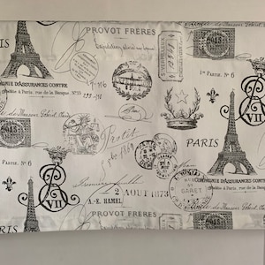 Curtains, Valances, Tiers, Sink Skirt French Country Decor Paris Script Custom Made Creamy White and Gray Home Decorator Cotton Fabric