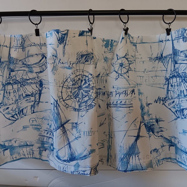 Blue and White Nautical Schooner Print/Curtains/Valances/Cafe/Tiers/Sink Skirt/Premier Prints Fabric/ Cotton/Navy and White