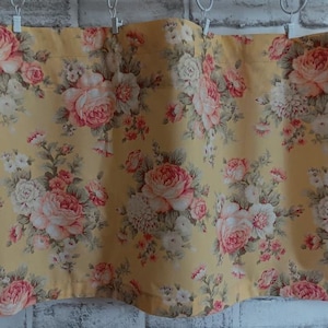 Yellow with Pink Dainty Pink Roses Valance, Tier, Sink Skirt, Light Pink Background Cottage Style Cotton Fabric Shabby Chic