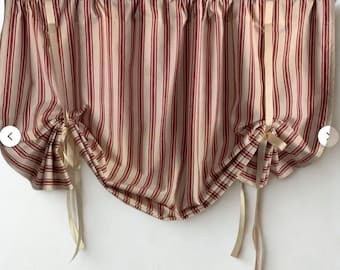 Tie Up Valance in Red and Off-White Homespun Cotton Fabric with Ribbon Ties