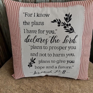 May include: Square decorative pillow with a red and white striped border. The center features a white patch with black text: "For I know the plans I have for you," declares the Lord. Jeremiah 29:11.