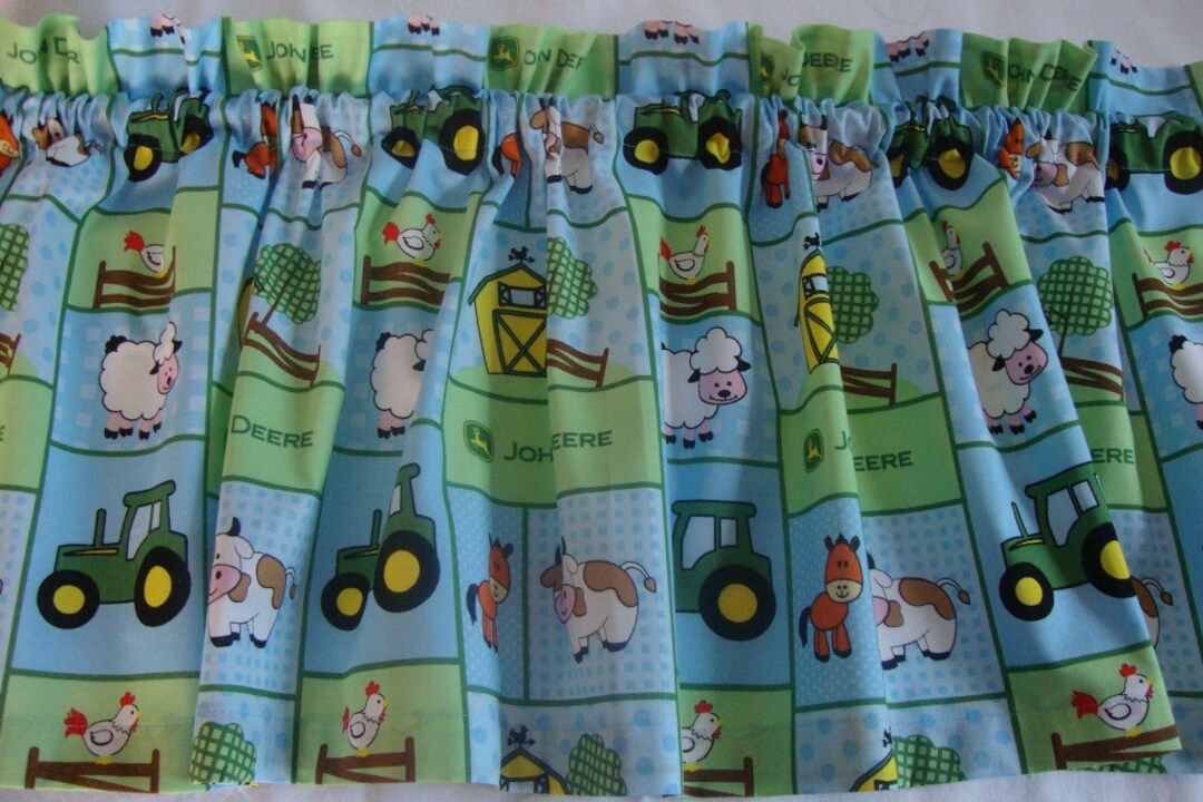 John Deere Baby Valance Curtain Window Treatment. Tractor, Animals on Light Blue Background