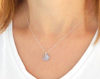 Small dainty silver butterfly necklace with lavender epoxy wings, simple minimalist tiny charm necklace elegant everyday wear charm, 252