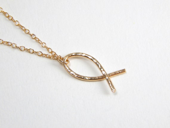 Ichthus Necklace, Ichthys Necklace, Christian Fish Symbol Necklace, 14 KT Gold Necklace, Religious Necklace, Baptism Confirmation Gift 269