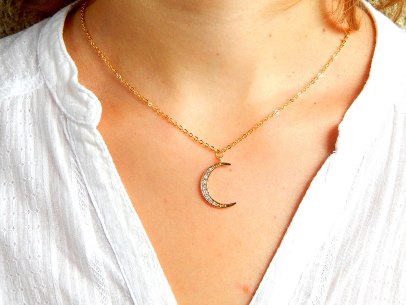 celestial jewellery Gold moon necklace crescent necklace cz necklace dainty crystal moon necklace lunar eclipse necklace gift for her
