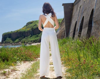 Mono cruzado de jersey de viscosa / Mono espalda descubierta / Mono pantalón piernas anchas / Mono elegante / Mono para llevar de diferentes maneras más colores