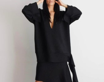 Black Oversize Sweater, Deep V Neckline Top , Maxi Top And Mini Dress , Knitted Top, Women's Set Skirt And Top, Soft Autumn Winter Wide Top