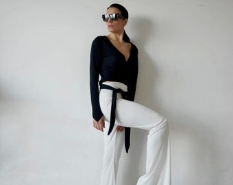 Women&#39;s Wrap Blouse In Viscose / Tie Front Top In 9 Colors / Shirt Tie Front Or Side Top Long Sleeves Tops Women No Season / 5 Ways To Wear