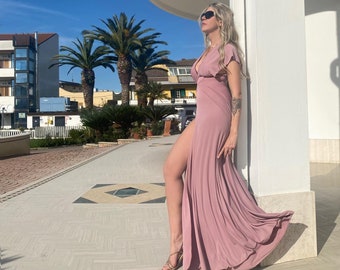 Deep V Neckline Long Dress With Side Slit / Bridesmaid Dress Infinity / High Split Sleeveless Maxi Dress In 9 Colors/ Long Dress With Split