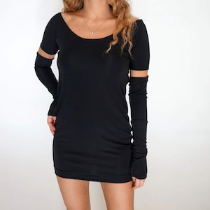 Top Or Mini Dress With Separate Sleeves,Off The Shoulder Stretch Viscose Top, Cocktail Top, Low Cut Top, Minimal Black Mini Dress, Basic Top