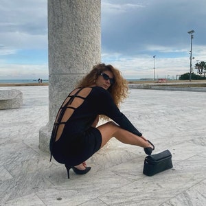 Bare Back Woman&#39;s Dress, Stretch Jersey Mini Dress, Customize Length Black Dress, Long Sleeves Naked Back Dress, Backless Evening Dress
