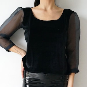Long Sleeve Top In Velvet & Organza, See Through Sleeves Top, Stretch Top With Square Neckline ,Under Jacket Top, Basic Top Customize Length