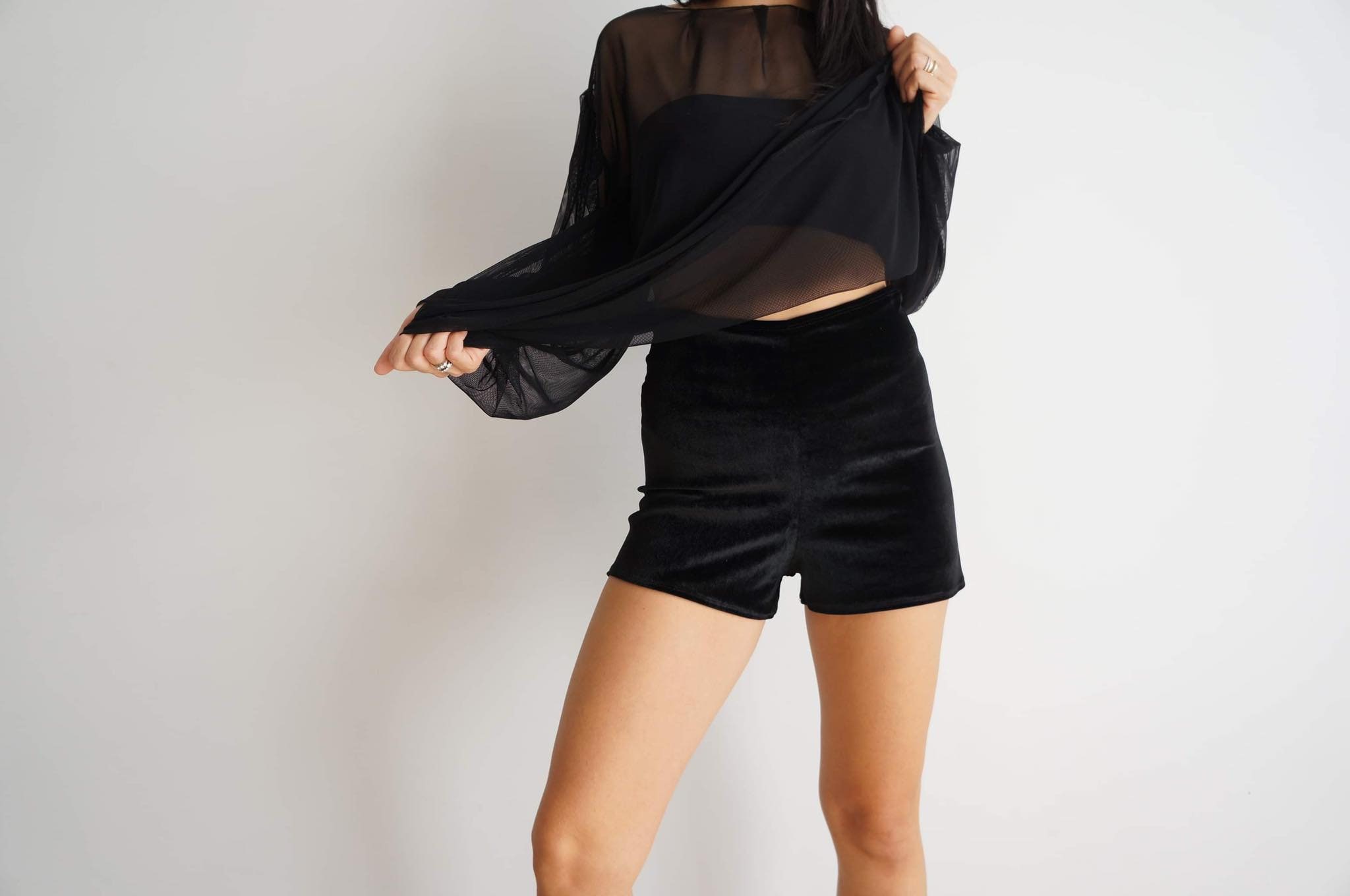 Black velvet high waisted shorts hot sale