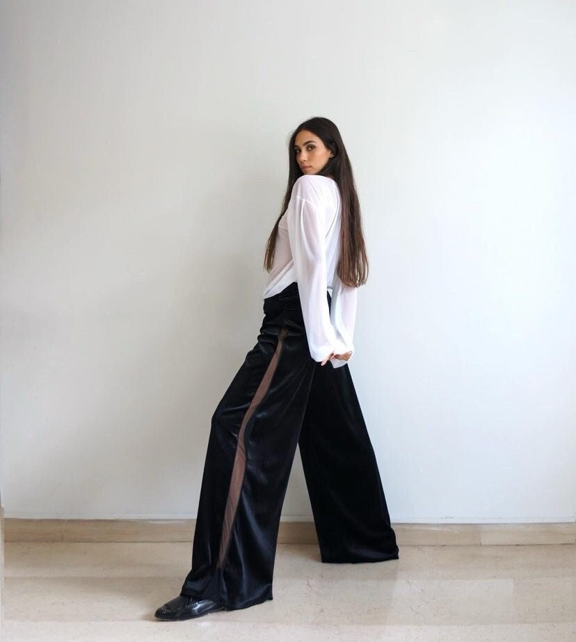 Wide Leg Women's Pants With Sheer Side Stripes/ Suit