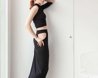 Asymmetric Midi Skirt, Cutout Skirt, Maxi Skirt, Asymmetrical Customize Skyrt, Skirt With Slit, Black Midi Skirt With Slit In 11 Colors