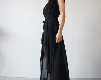 Vestido largo asimétrico con sobrefalda en gasa, vestido largo