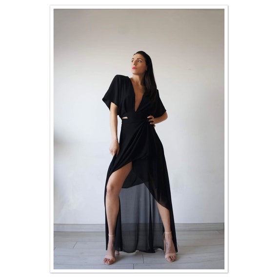 black chiffon asymmetrical dress Long Sleeve Asymmetric Dress/Thumb Hole Sleeve Dress/Casual Pleated Dress/Black Chiffon Dress/Everyday Comfortable Dress METD0134