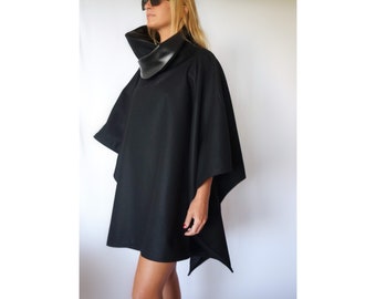 High Collar Wool Cape And Eco Leather / Women's Maxi Winter Cape / Extra Layer / Perfect Neck For A Cold Winter & Wind / Unisex Wool Poncho