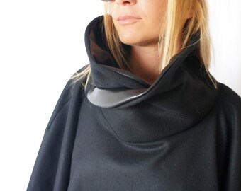 High Collar Wool Cape and Eco Leather / Women's Maxi Winter