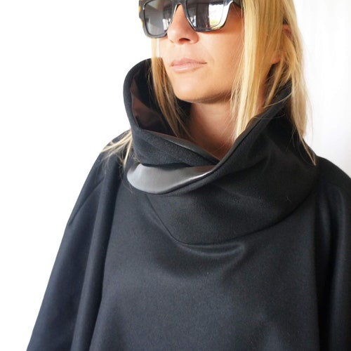 High Collar Wool Cape And Eco Leather / Women's Maxi Winter cheapest Cape / Extra Layer / Perfect Neck For A Cold Winter & Wind / Unisex Wool Poncho