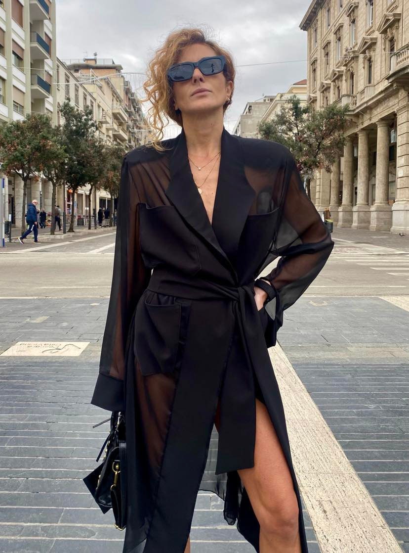 【THE MOZZ】Check See-Through Trench One Piece See Through Maxi Blazer, Shoulder Pad Sheer Blouse With Belt