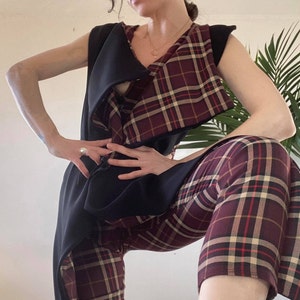 Checked Print Deep V Neckline Jumpsuit, Checked Pattern, Scottish Print, Five Different Ways To Wear, Bordeaux Jumpsuit Small Size