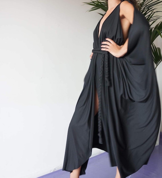 Black Cotton Jersey Dress to Wear in Three Different Ways Long Cardigan Deep V Neckline Dress Greece Goddess Dress Long Dress Comfy Sexy Etsy