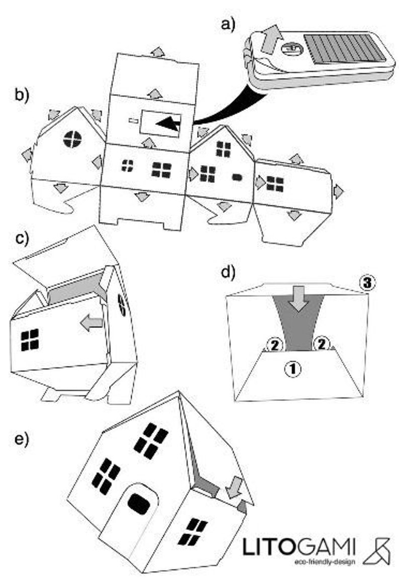 May include: A black and white line drawing showing the steps to assemble a paper house. The house has a door and windows. The drawing is labeled with letters a through e.