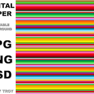 May include: A digital paper background with alternating horizontal stripes in red, green, yellow, orange, pink, blue, and black. The text "DIGITAL PAPER" is in black text at the top left corner of the image. The text "PRINTABLE BACKGROUND" is in black text below the first line of text. The text "JPG PNG PSD" is in black text in the left column of the image. The text "ART BY TROY" is in black text at the bottom left corner of the image.