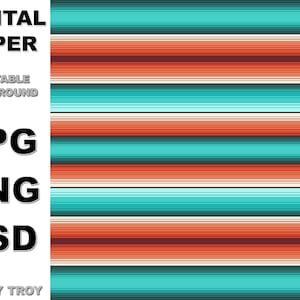 Może przedstawiać: Cyfrowe tło papieru z naprzemiennymi paskami w kolorze turkusowym, pomarańczowym, białym i czarnym. Tekst "DIGITAL PAPER" znajduje się w lewym górnym rogu, a "PRINTABLE BACKGROUND" poniżej. Tekst "JPG PNG PSD" znajduje się w lewym środkowym rogu, a "ART BY TROY" w lewym dolnym rogu.