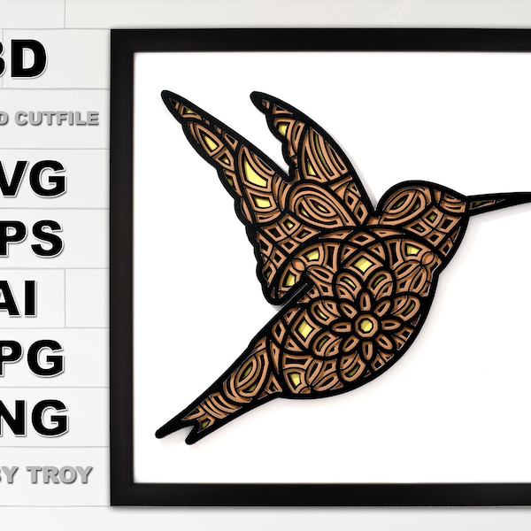 3D Layered Hummingbird Mandala SVG Cut File Design pour Cricut Silhouette & Glowforge