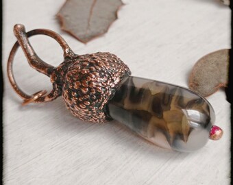 Copper pendant, acorn and agate cap, electroformed, Handmade, Bohemian, artisanal, Boho
