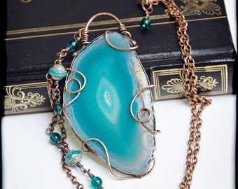 Copper necklace with blue agate and czech glass beads, metalwork, Handmade, Boho, Rustic, wire wrapped, artisanal, handcrafted
