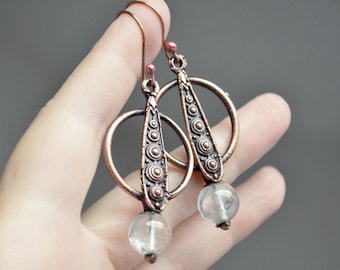 Boucles d'oreilles en cuivre et quartz, électrocuivre, bijoux artisanaux, faits à la main, rustiques, boho, sorcellerie