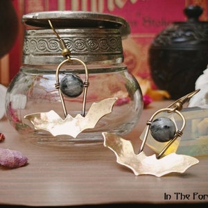 Bat earrings made of brass and rutilated quartz, handmade, boho, witchy, Halloween