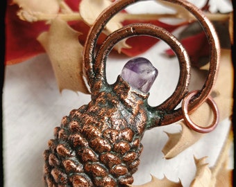 Copper pendant, small pine cone, amethyst, electroformed, Handmade, Bohemian, artisanal, Boho