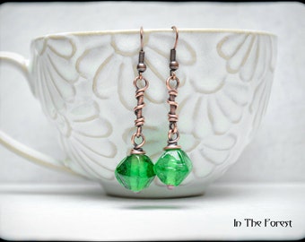 Wire Wrapped Copper earring, indian glass, green, Handmade, rustic, boho, rustic, long earrings, handcrafted