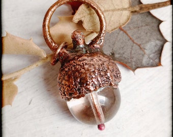 Copper pendant, acorn cap and Czech crystal, electroformed, Handmade, Bohemian, artisanal, Boho