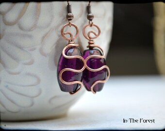 Wire Wrapped Copper earring /indian glass / purple / Handmade / rustic / boho