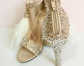 Bridal Shoes Wedding Shoes Nude Suede Heels with Swarovski Crystals and Feather Tassels Silk Crystals Encrusted Shoes