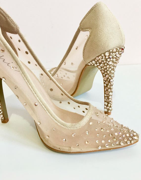 Women's mesh stiletto heel peep cheap toe pumps with rhinestone