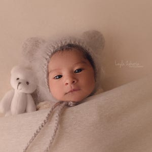 Newborn bonnet with ears / newborn photo props / newborn baby hat / bear photo prop / bear hat / newborn mohair bonnet / bonnet angora style