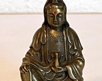Vintage Kuan Yin Small 3.5" Brass Goddess Statue, Buddhism, Buddhist Sculpture