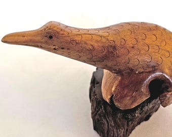 Vintage Stylized Bird Statue, Carved Burl Wood Sculpture , 4" x 5"